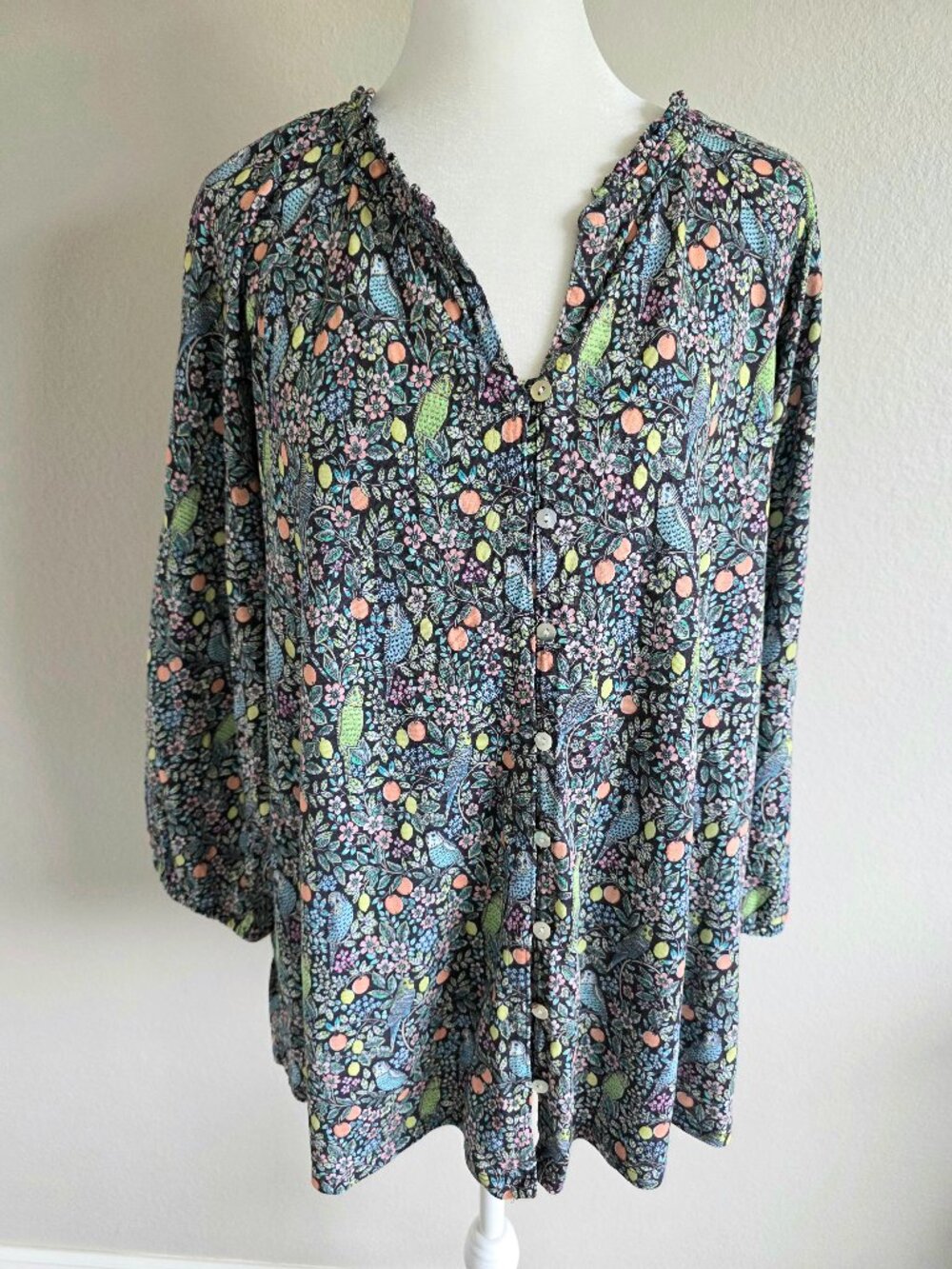 J. Jill Top Blouse Tunic Plus Size 2X Birds Parokeet Cotton Tencel Soft Stretch